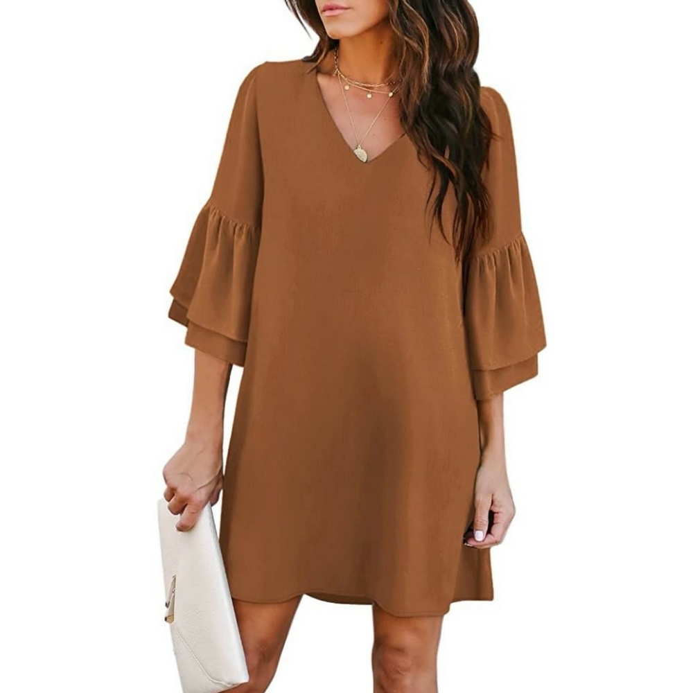 Belongsci Brown V Neck Shift Dress with Bell Sleeves Medium